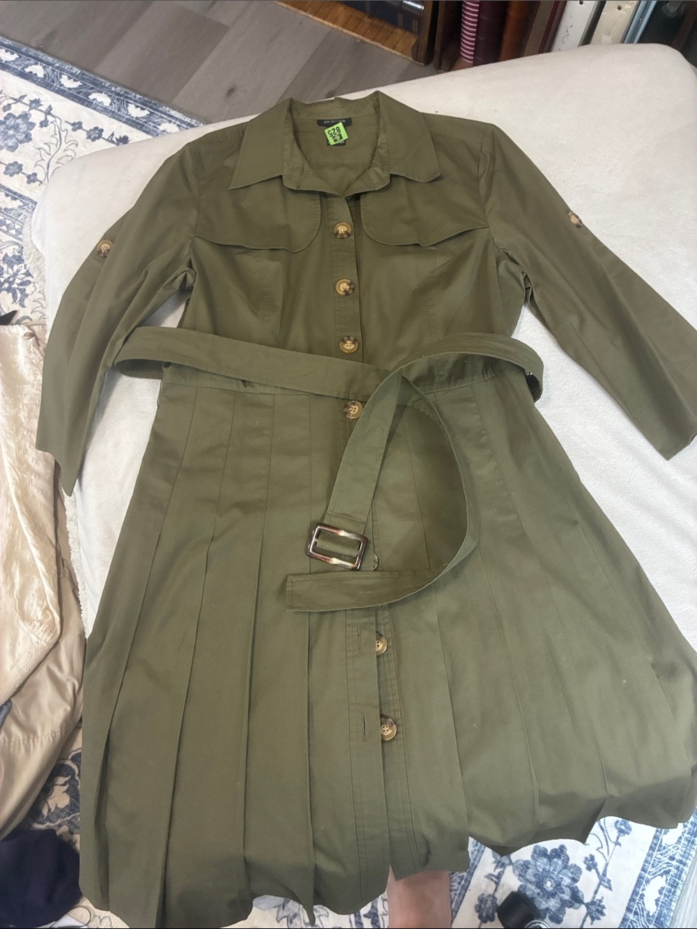 Spense Olive Green Pleated Button-Front Trench Dress with Belt